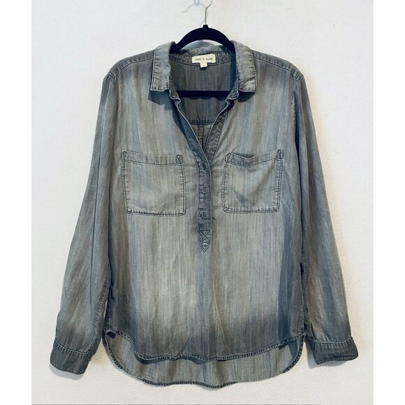 Cloth and Stone Anthroplogie Top Womens Large Black Distressed Denim Button Up - Picture 1 of 8